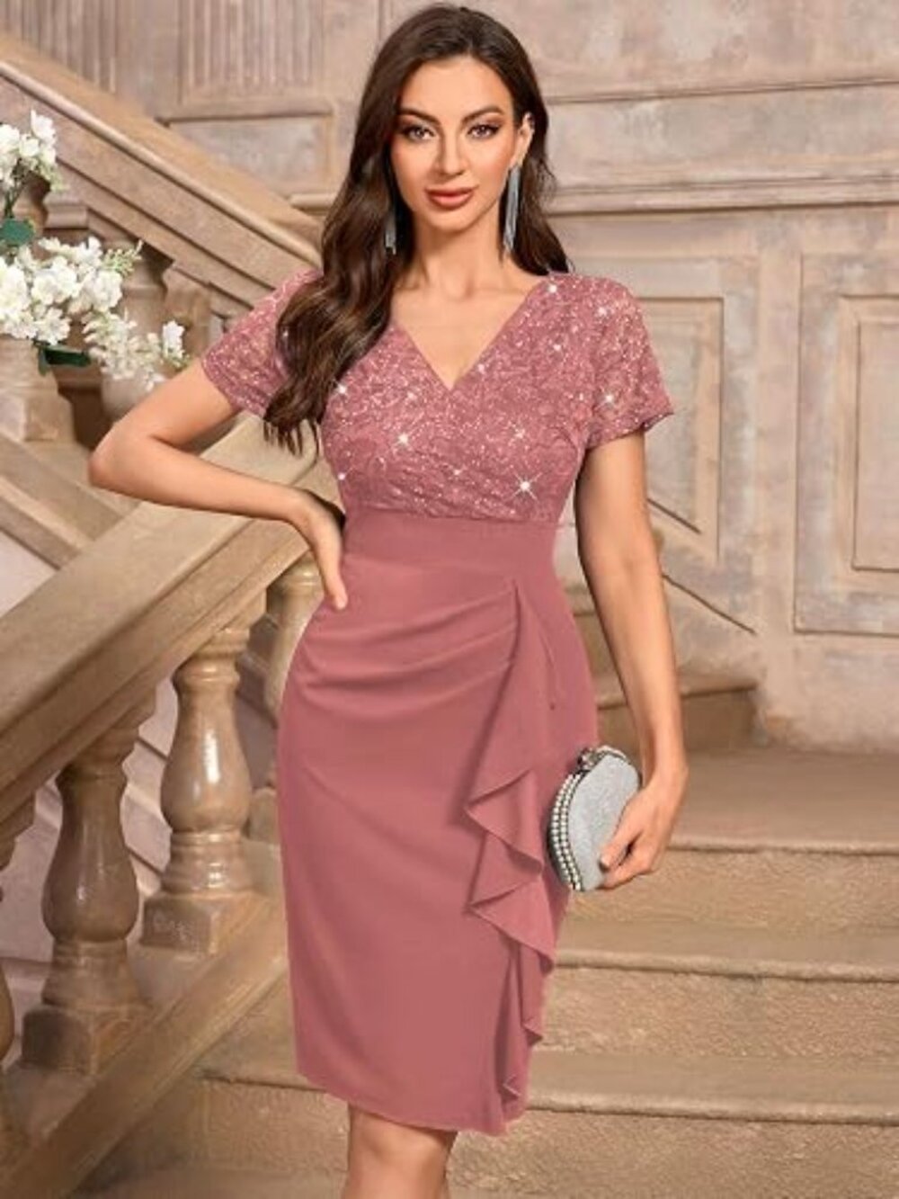 Miusol Women's Rose Deep V-Neck Glitter Sequin Lace Elegant Ruffle Party Dress-M